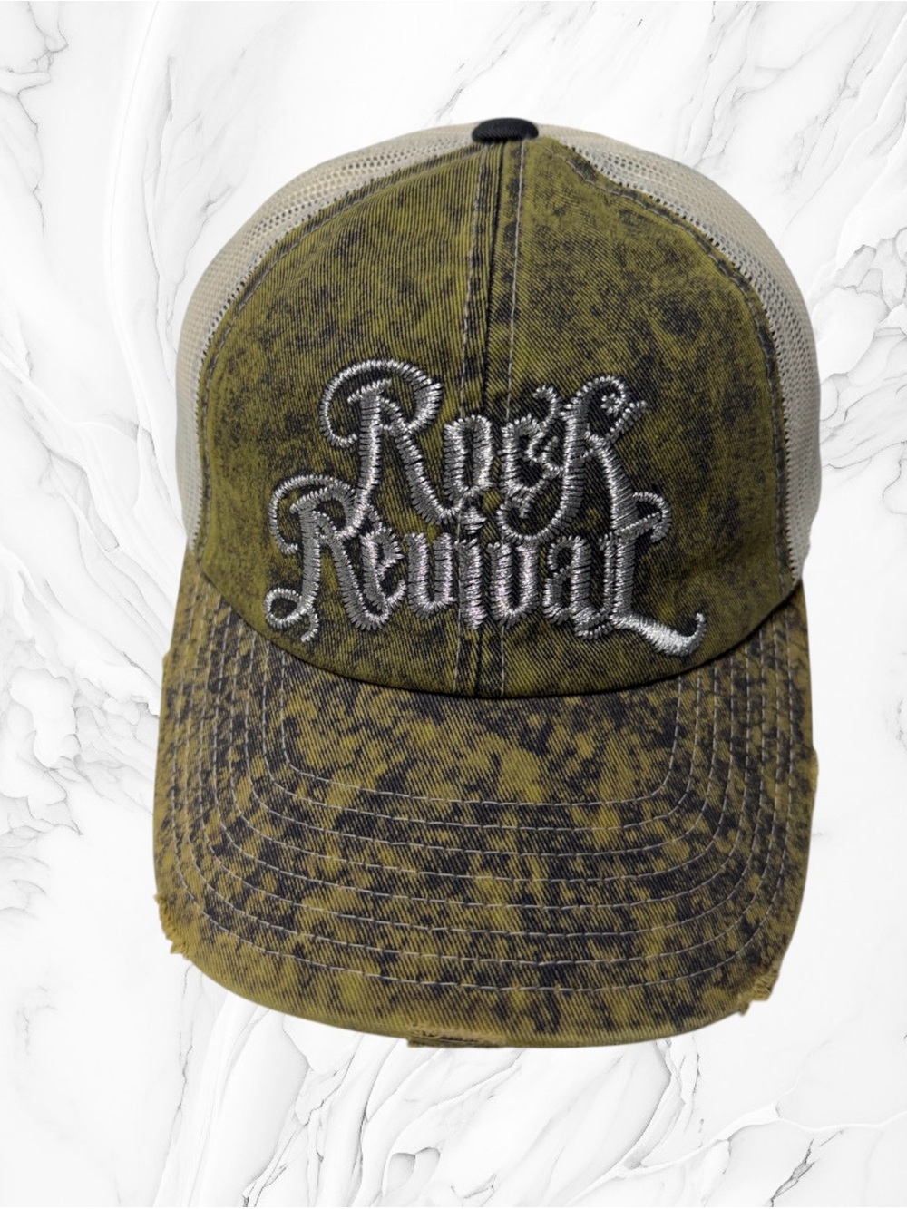 Rock Revival Olive Green Distressed Mesh Trucker Hat